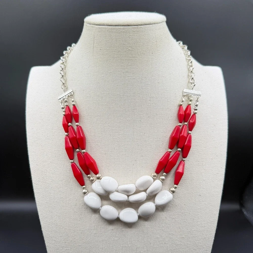Red White Beaded Statement Necklace Silver Tone Triple Strand Chunky Boho Gift
